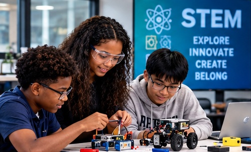 Presenter supporting students as they explore robotics and STEM