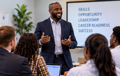Presenter leading a workforce readiness and leadership workshop
