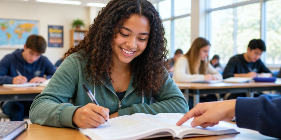 Student writing in a book during an academic reinforcement session